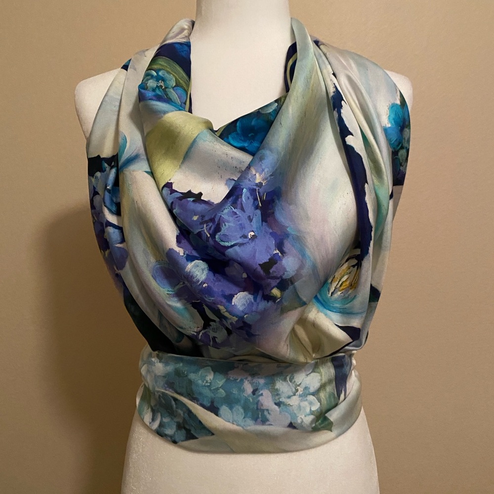 BONUS GIFT Mulberry Silk HANDMADE Blue Floral Hand Stitched Scarf Wrap
